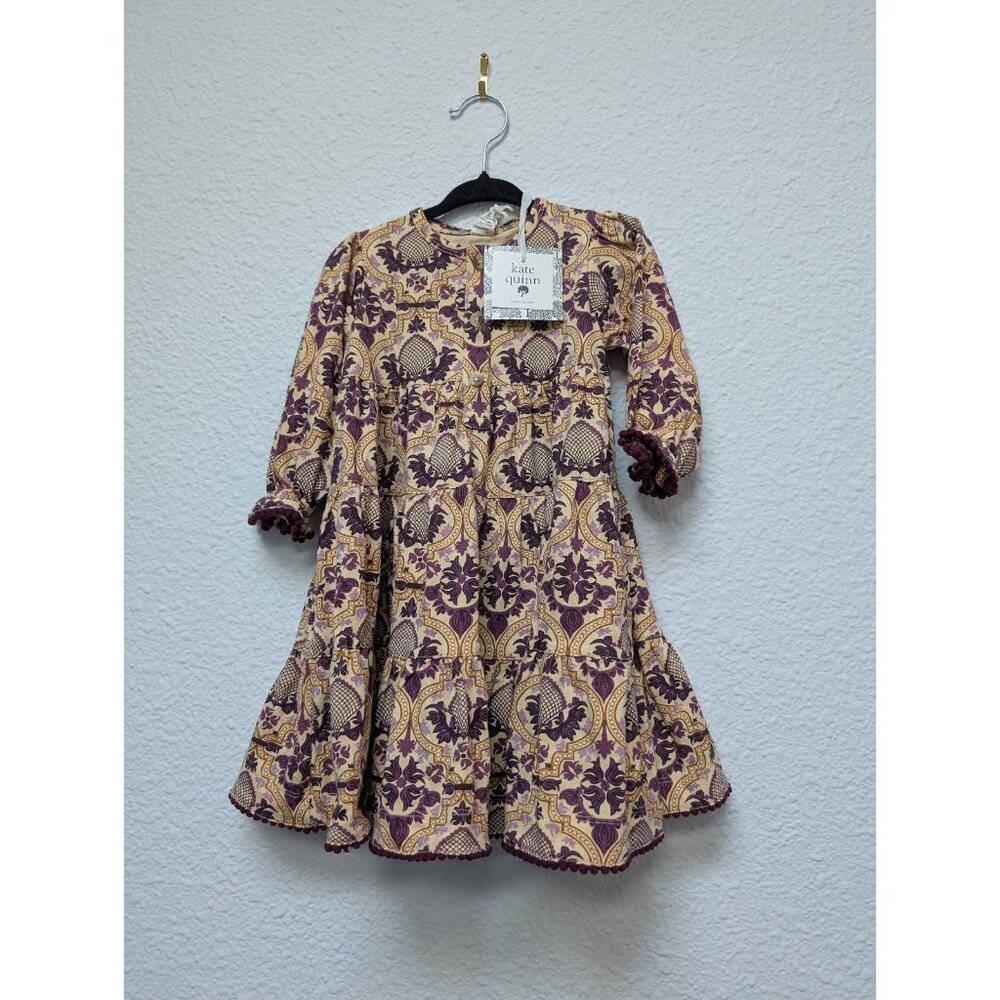 Kate Quinn Organic Cotton Marzipan Folk Floral Wallpaper Prairie Dress 18-24